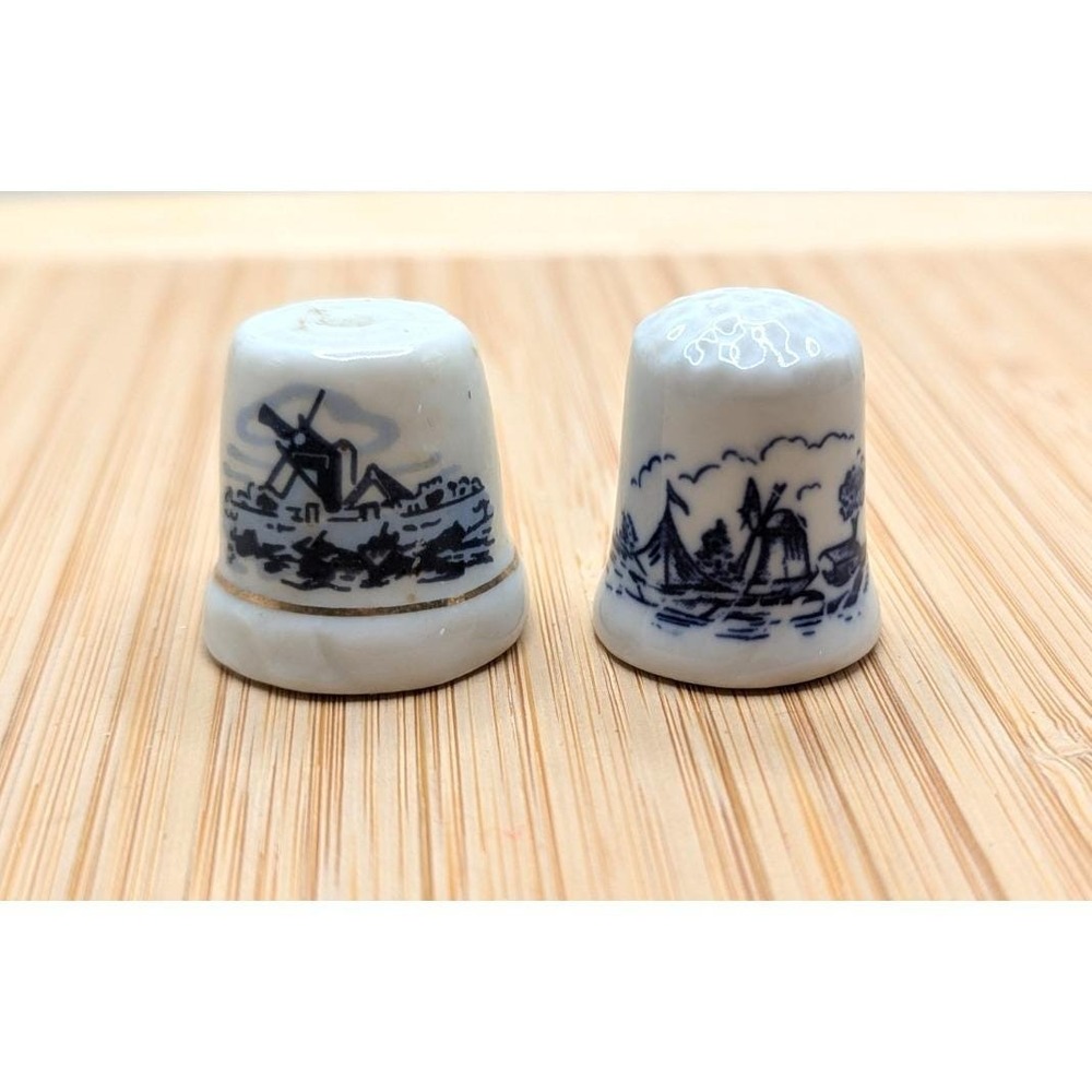 Vintage Delft Porcelain Thimble Pair Blue Windmill Holland Dutch Scene Gold Trim